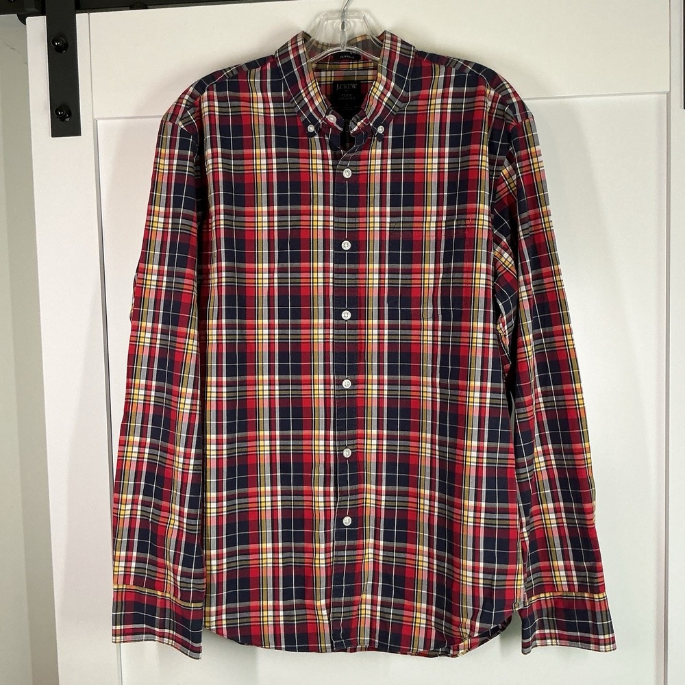 J Crew Flex Wash Classic Shirt Mens Large Red Blue Plaid Button‎ Down Preppy